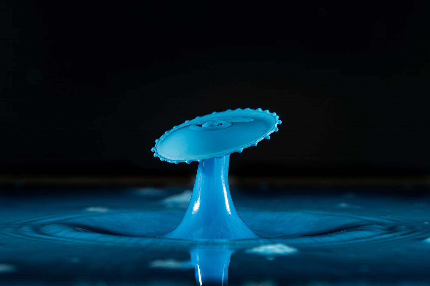 Makro Wassertropfen - Potpourri aus Kaffee Obers, Ethylalkohol und Glycerol, blaue Lebensmittelfarbe