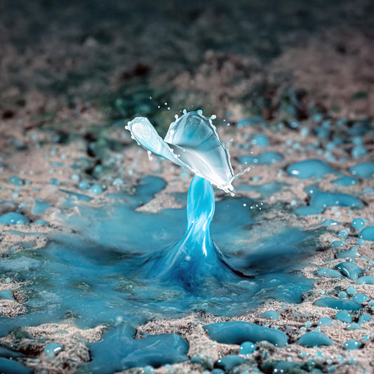 Makro Wassertropfen - Potpourri aus Kaffee Obers, Ethylalkohol und Glycerol, blaue Lebensmittelfarbe